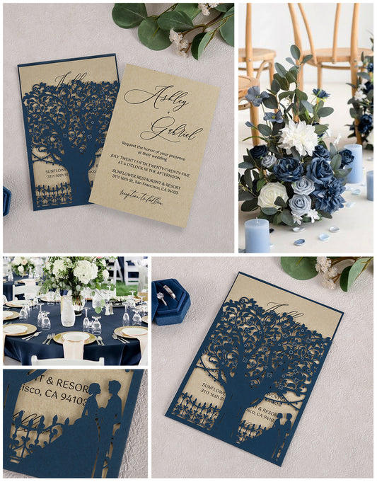 Laser Cut Wedding Invitations with Envelopes Navy Blue, Kraft Paper Invitation Cards for Wedding, Invitations with Envelopes