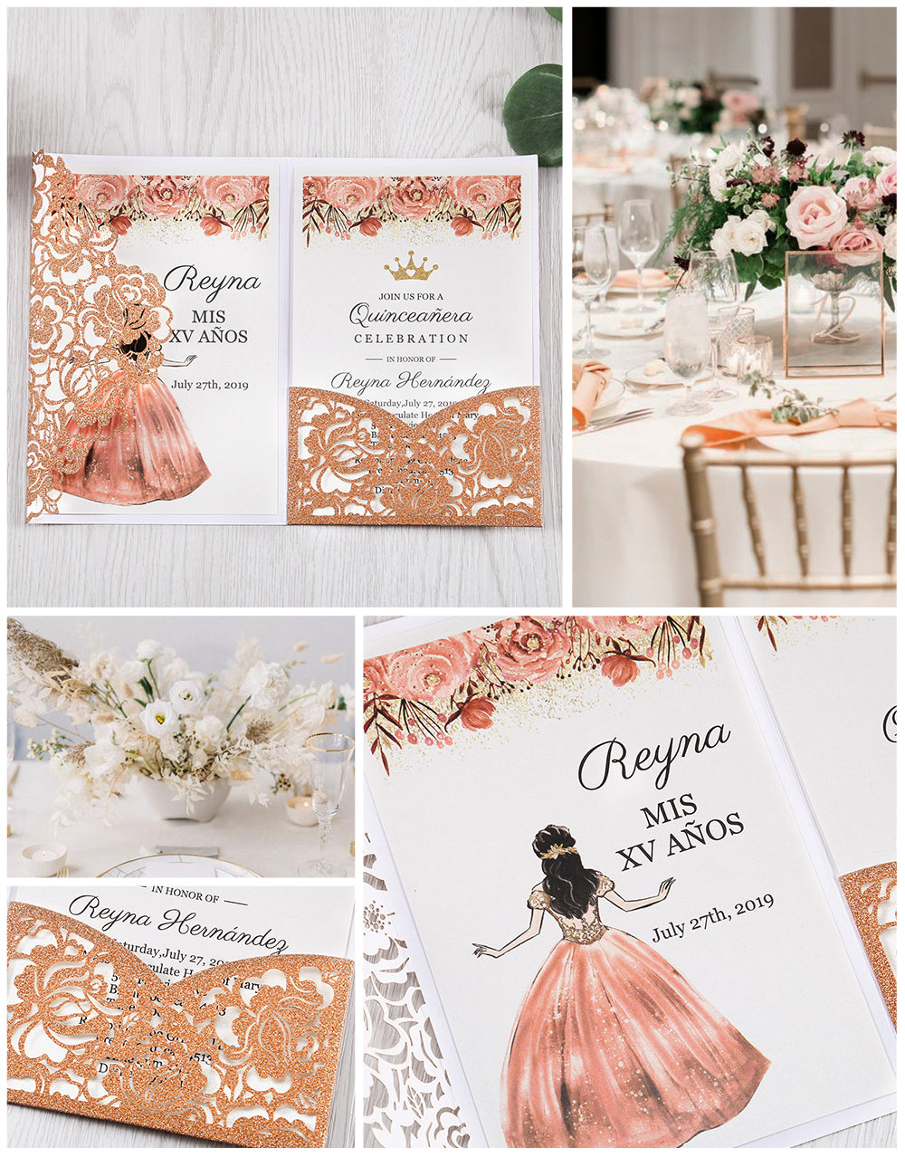 4.7 x7 inch Bronze Glitter Laser Cut Hollow Rose Quinceanera Invitations Cards with Envelopes
