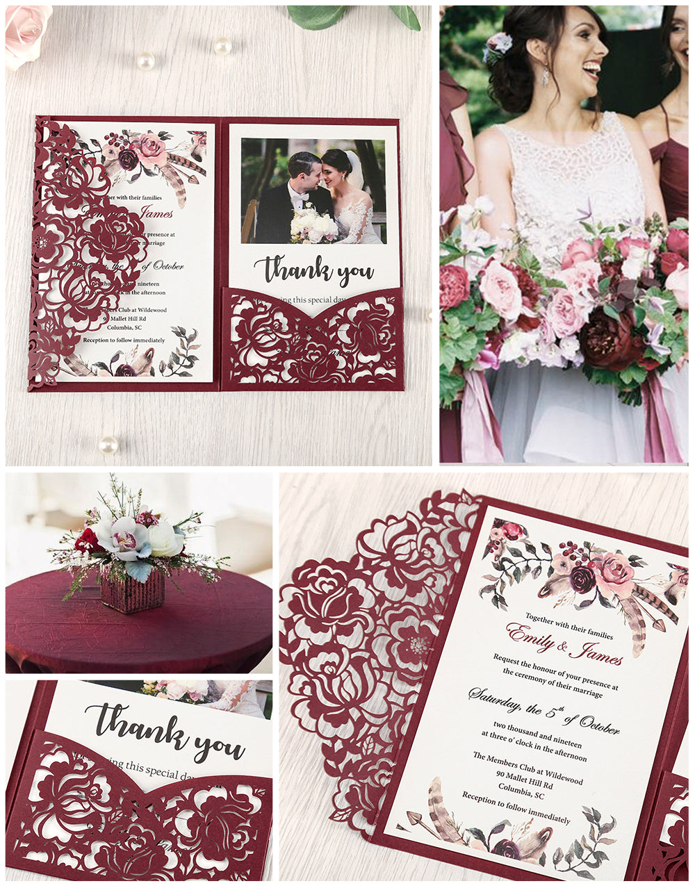 Burgundy Floral Laser cut invitation cards for Wedding