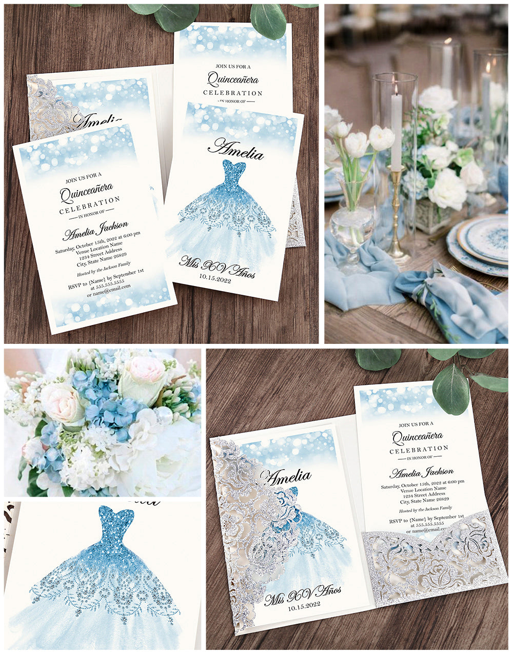 Glitter Silver Floral Laser cut invitation cards for Quinceanera