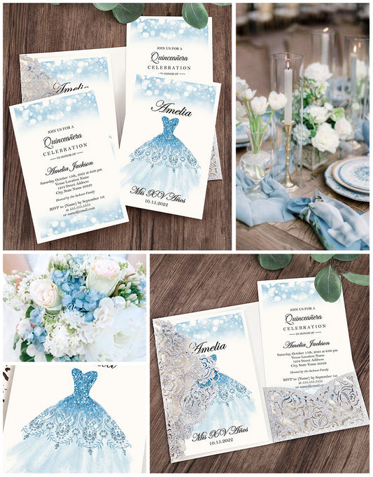 Glitter Silver Floral Laser cut invitation cards for Quinceanera