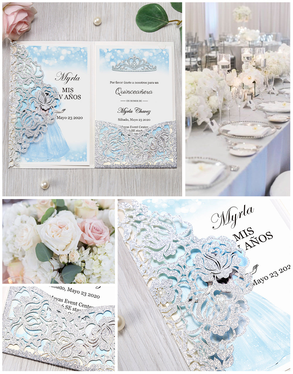 Glitter Silver Floral Laser cut invitation cards for Quinceanera
