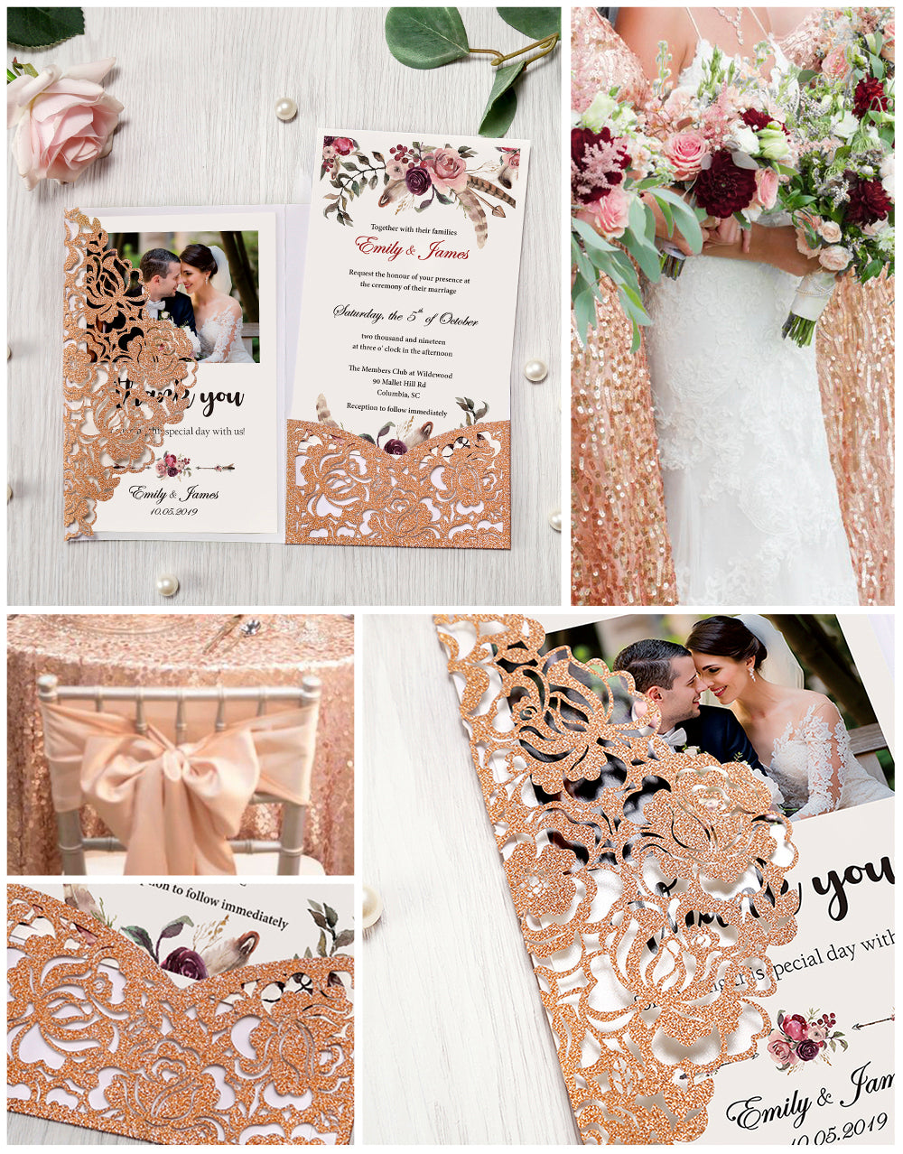 4.7 x7 inch Bronze Glitter Laser Cut Hollow Rose Wedding Invitations Cards with Envelopes
