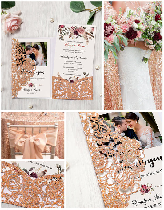 4.7 x7 inch Bronze Glitter Laser Cut Hollow Rose Wedding Invitations Cards with Envelopes