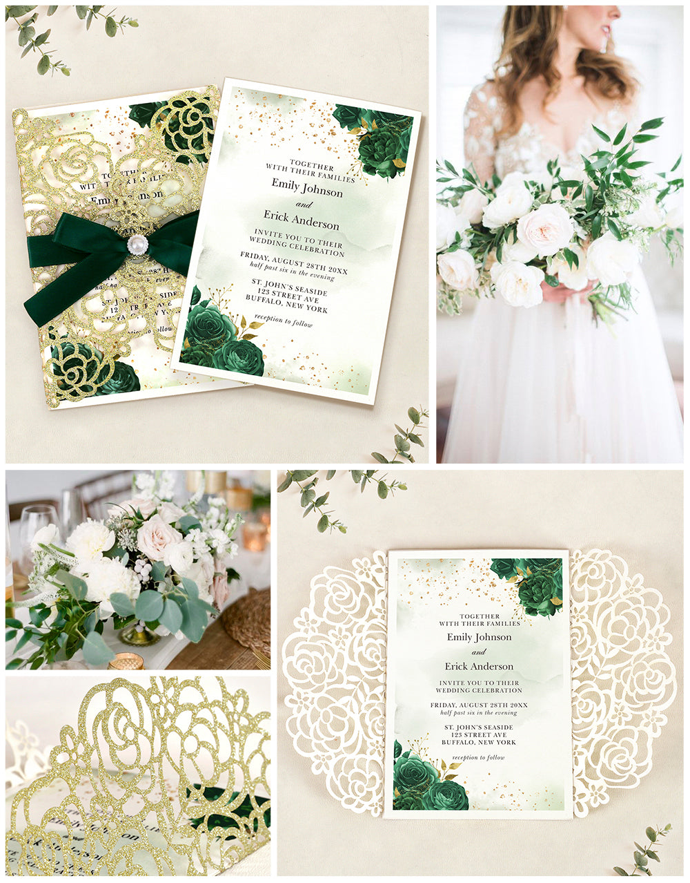 Gold Glitter Floral Laser cut invitation cards with Emerald Green Ribbon and Pearl for Wedding Anniversary