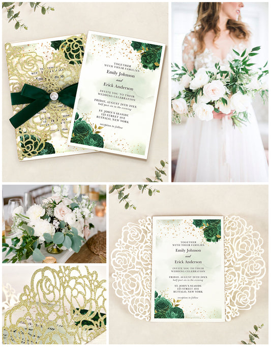 Gold Glitter Floral Laser cut invitation cards with Emerald Green Ribbon and Pearl for Wedding Anniversary
