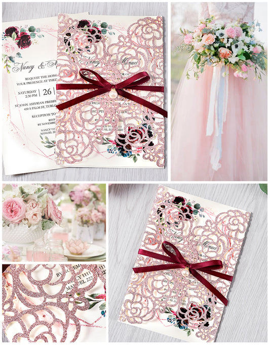 Rose Gold Glitter Floral Laser cut invitation cards with Burgundy Ribbon and Pearl for Wedding Anniversary