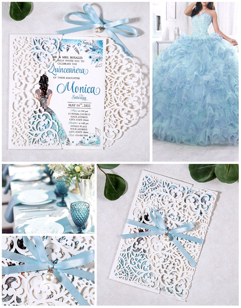 DreamBuilt 5 X 7.2" Laser Cut Hollow Rose Quinceanera invitations Cards With Blue Ribbon And Envelopes For Quinceanera Sweet 15 Invite