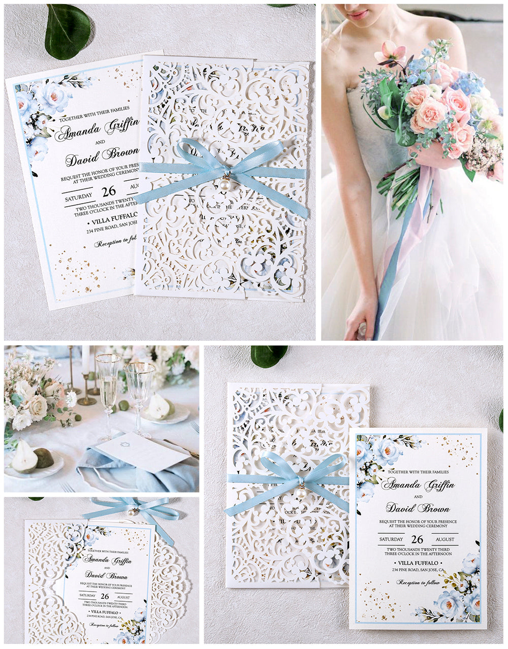 DreamBuilt 5 X 7.2" Laser Cut Hollow Rose Wedding invitations Cards With Blue Ribbon And Envelopes For Wedding
