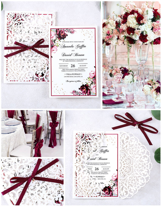 DreamBuilt 5 X 7.2" Laser Cut Hollow Rose Wedding invitations Cards With Burgundy Ribbon And Envelopes For Wedding Bridal Shower Engagement