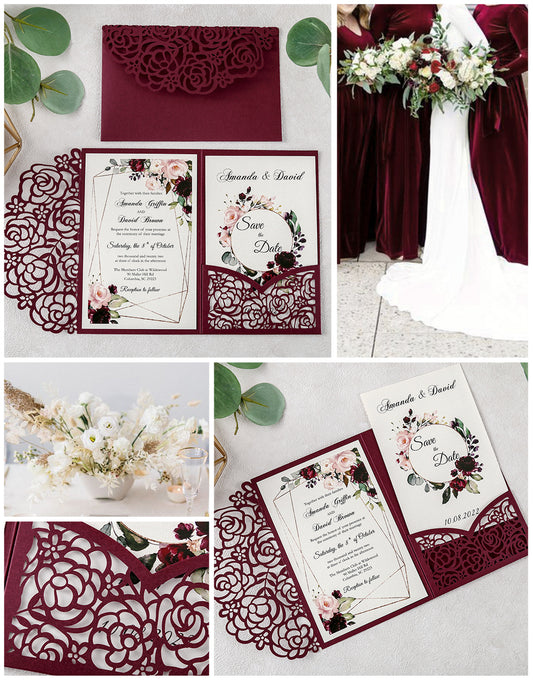DreamBuilt 4.7 x7 inch Burgundy Laser Cut Hollow Rose Wedding Invitations Cards with Burgundy Pockets and Envelopes for Wedding Bridal Shower