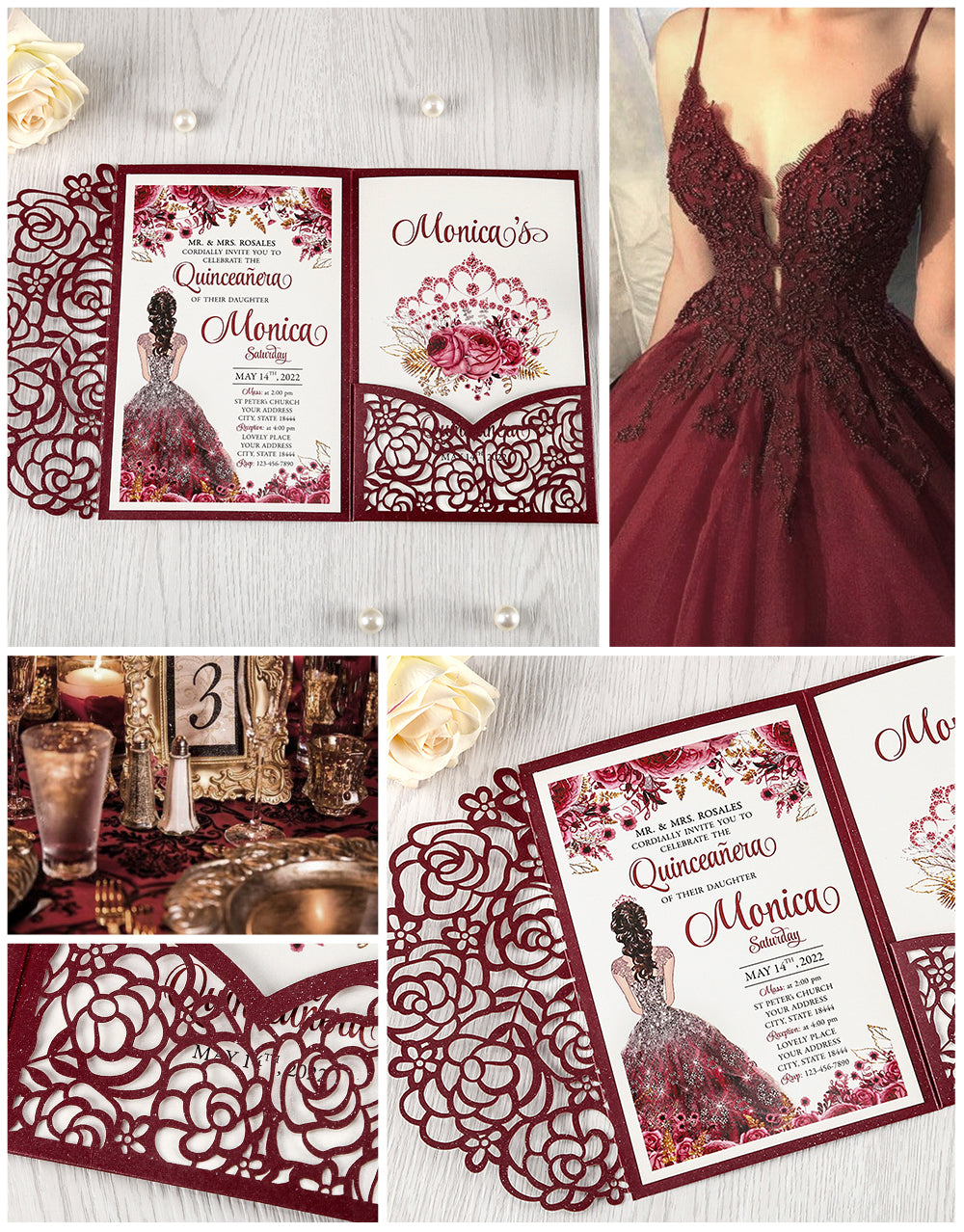 DreamBuilt 4.7 x7 inch Burgundy Laser Cut Hollow Rose Wedding Invitations Cards with Pearlized Pockets and Envelopes for Wedding Bridal Shower