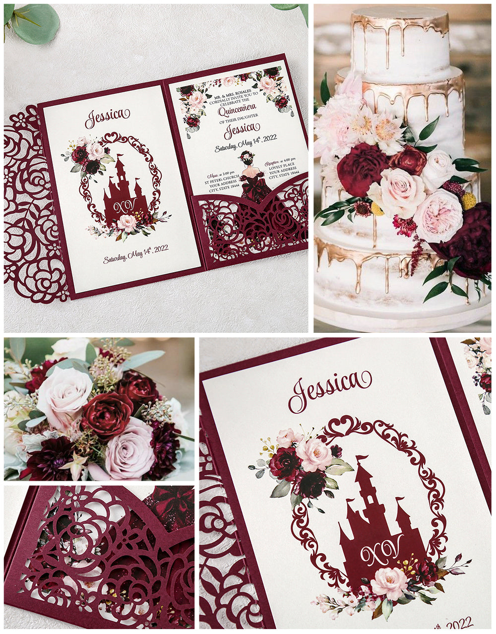 DreamBuilt 4.7 x7 inch Burgundy Laser Cut Hollow Rose Quinceanera Invitations Cards with Burgundy Pockets and Envelopes for Quinceanera Invite