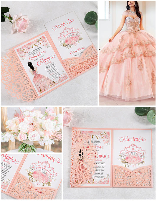 DreamBuilt 4.7 x7 inch Pink Laser Cut Hollow Rose Wedding Invitations Cards with Pearlized Pockets and Envelopes for Wedding Bridal Shower
