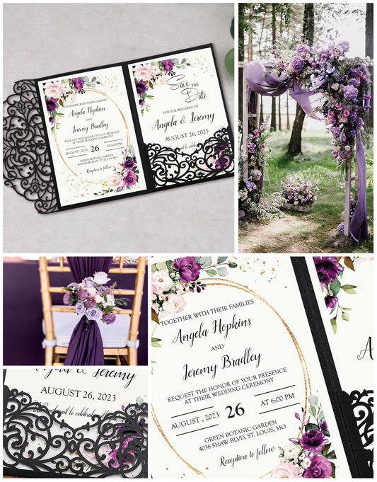 4.7 x7 inch Black Laser Cut Hollow Rose Wedding Invitations Cards with Envelopes for Wedding Party