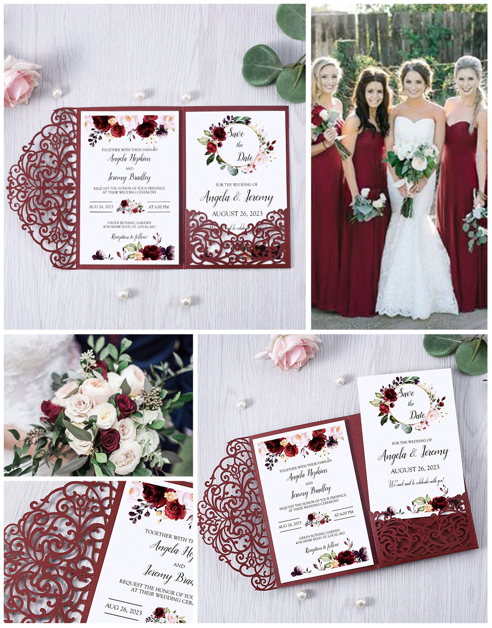 4.7 x7 inch Burgundy Laser Cut Hollow Rose Wedding Invitations Cards with Envelopes for Wedding Party