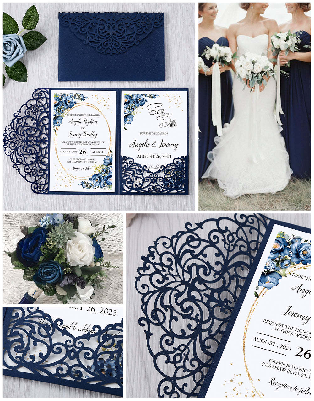 4.7 x7 inch Blue Laser Cut Hollow Rose Wedding Invitations Cards with Envelopes for Wedding Party