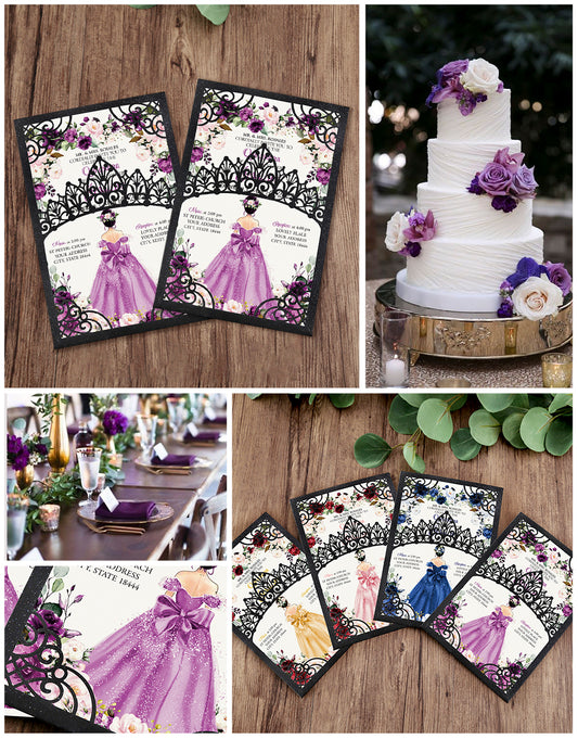 Pearlized Black Invitations Purple Greeting Cards For Quinceanera