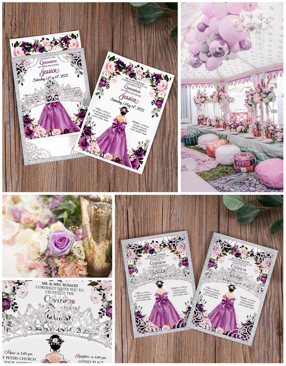 DreamBuilt Silver Glitter Invitations Purple Greeting Cards For Quinceanera