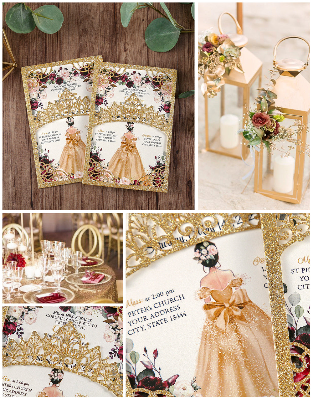 Gold Glitter Invitations Greeting Cards For Quinceanera