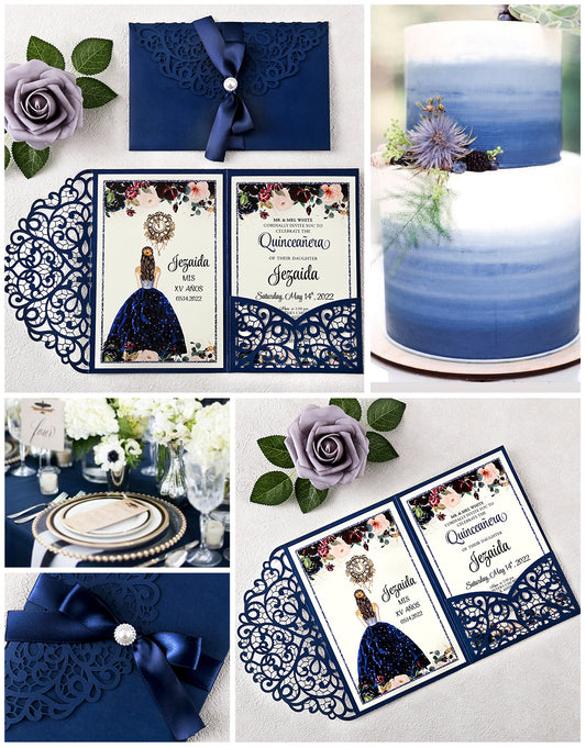 4.7 x7 inch Blue Laser Cut Hollow Rose Quinceanera Invitations Cards with Envelopes for Quinceanera Party