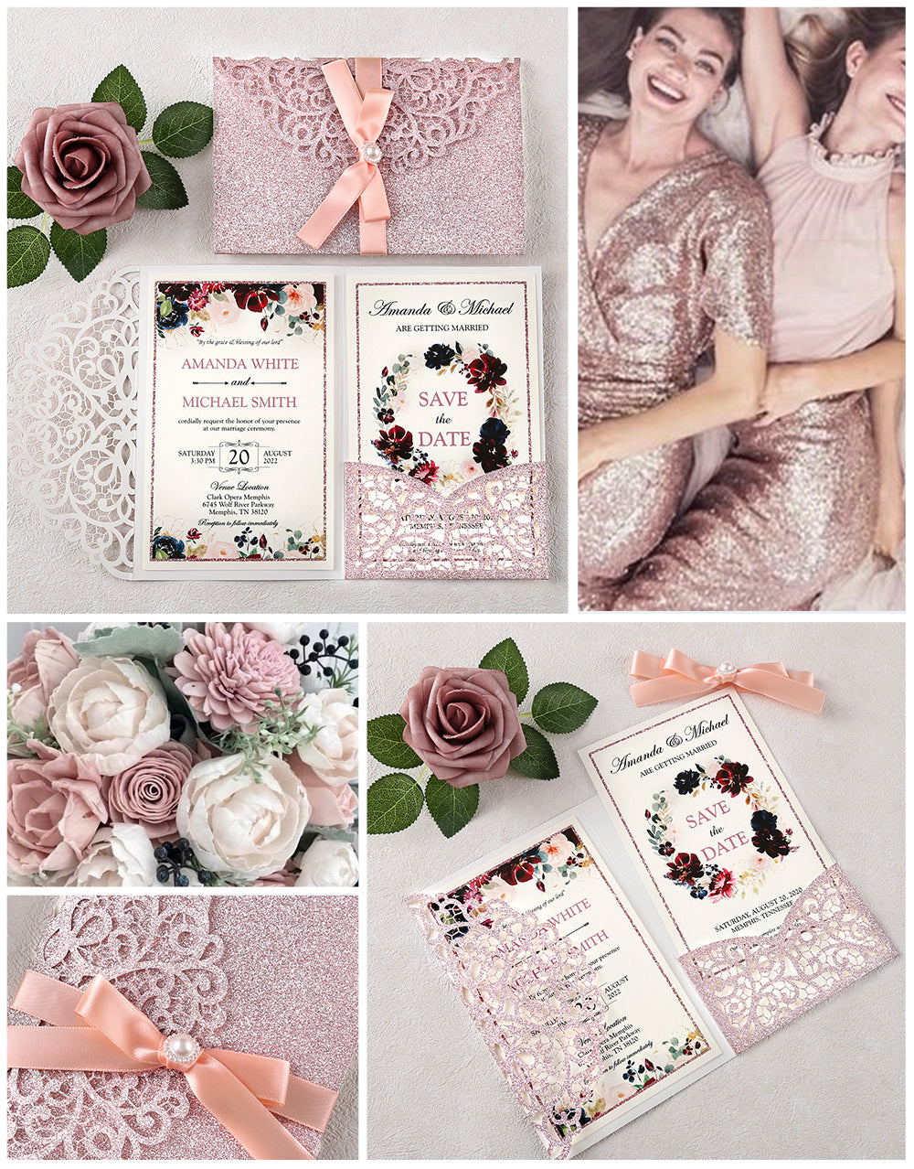 4.7 x7 inch Rose Gold Glitter Laser Cut Hollow Rose Wedding Invitations Cards with Envelopes for Wedding Party
