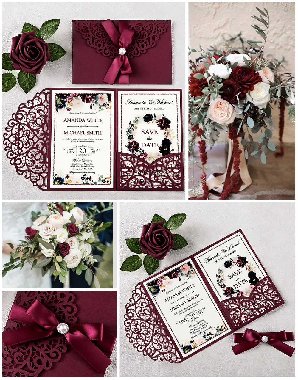4.7 x7 inch Burgundy Laser Cut Hollow Rose Wedding Invitations Cards with Envelopes for Wedding Party