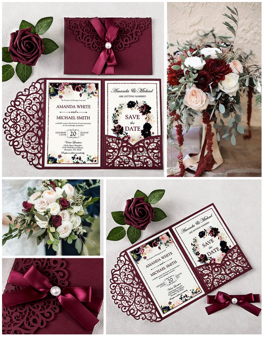 4.7 x7 inch Burgundy Laser Cut Hollow Rose Wedding Invitations Cards with Envelopes for Wedding Party