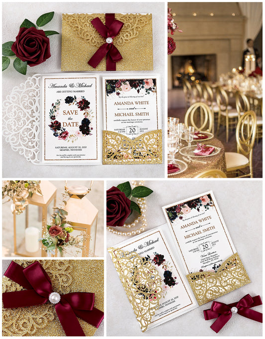 4.7 x7 inch Gold Glitter Laser Cut Hollow Rose Wedding Invitations Cards with Envelopes for Wedding Party