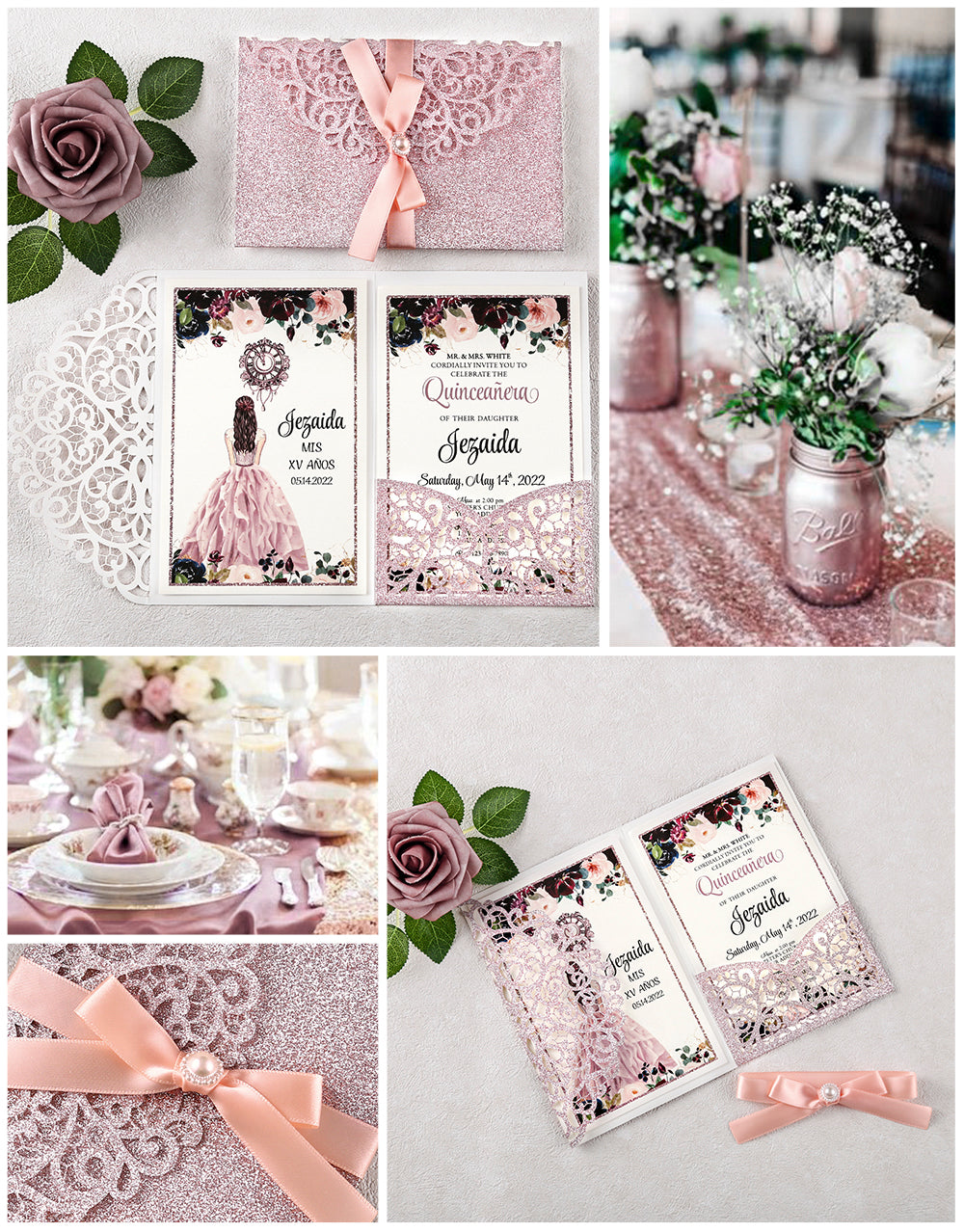 4.7 x7 inch Rose Gold Glitter Laser Cut Hollow Rose Quinceanera Invitations Cards with Envelopes for Quinceanera Party