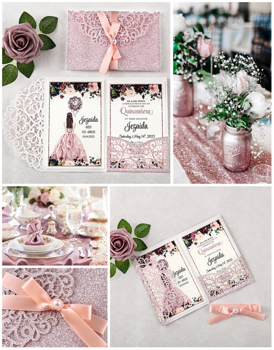 4.7 x7 inch Rose Gold Glitter Laser Cut Hollow Rose Quinceanera Invitations Cards with Envelopes for Quinceanera Party