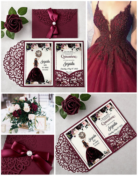 4.7 x7 inch Burgundy Laser Cut Hollow Rose Quinceanera Invitations Cards with Envelopes for Quinceanera Party