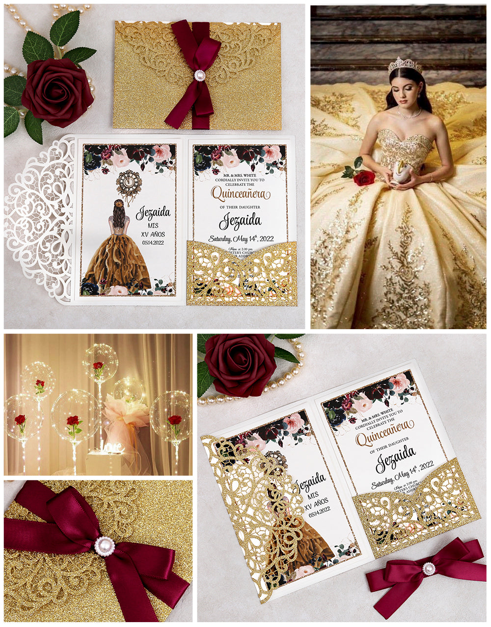 4.7 x7 inch Gold Glitter Laser Cut Hollow Rose Quinceanera Invitations Cards with Envelopes for Quinceanera Party