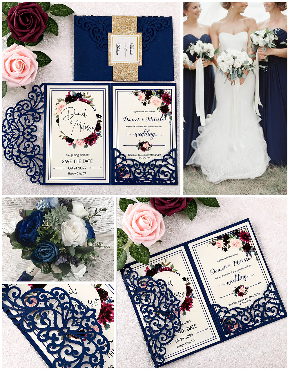 DreamBuilt 4.7 x7 inch Navy Blue Laser Cut Wedding Invitations With Envelopes Kit Hollow Rose Pocket And Gold Glitter Belly Band for Wedding Bridal Shower Engagement Invite