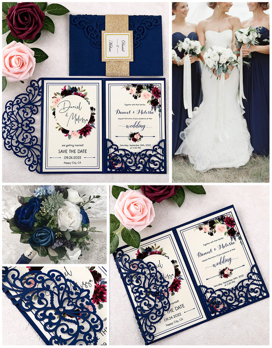 DreamBuilt 4.7 x7 inch Navy Blue Laser Cut Wedding Invitations With Envelopes Kit Hollow Rose Pocket And Gold Glitter Belly Band for Wedding Bridal Shower Engagement Invite