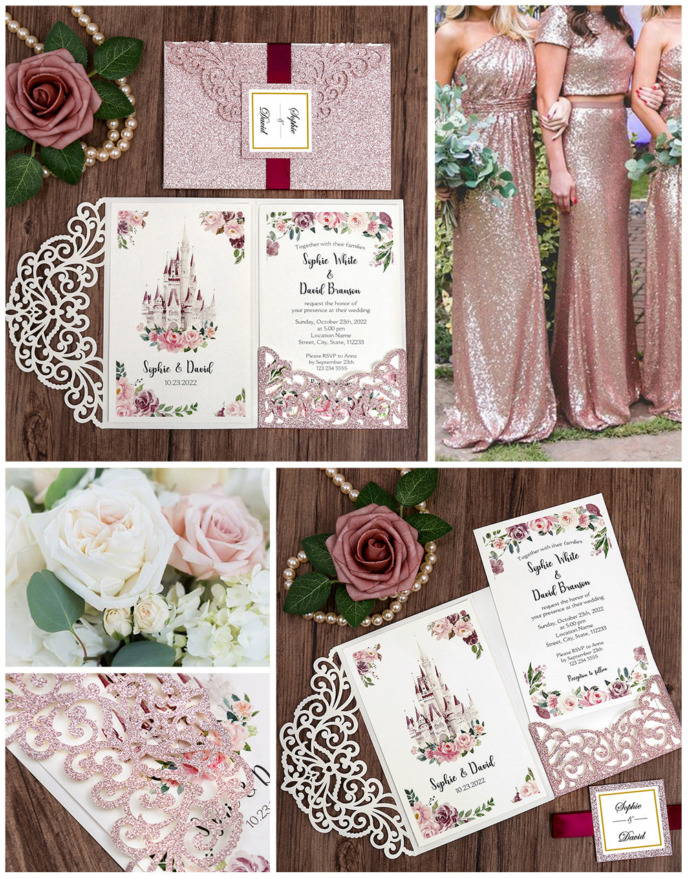 DreamBuilt 4.7 x7 inch Rose Gold Glitter Laser Cut Wedding Invitations With Envelopes Kit Hollow Rose Pocket And Burgundy Ribbon Belly Band for Wedding Bridal Shower Engagement Invite