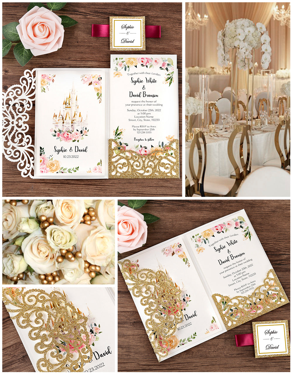DreamBuilt 4.7 x7 inch Gold Glitter Laser Cut Wedding Invitations With Envelopes Kit Hollow Rose Pocket And Burgundy Ribbon Belly Band for Wedding Bridal Shower Engagement Invite