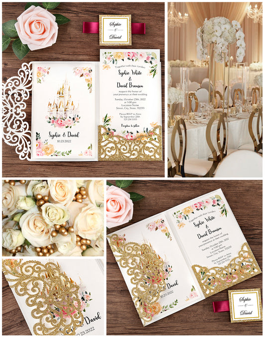 DreamBuilt 4.7 x7 inch Gold Glitter Laser Cut Wedding Invitations With Envelopes Kit Hollow Rose Pocket And Burgundy Ribbon Belly Band for Wedding Bridal Shower Engagement Invite