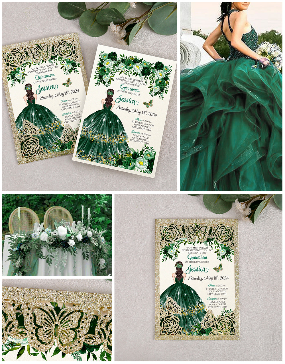 Light Gold Glitter with Hollow Butterflies Invitations Greeting Cards For Quinceanera