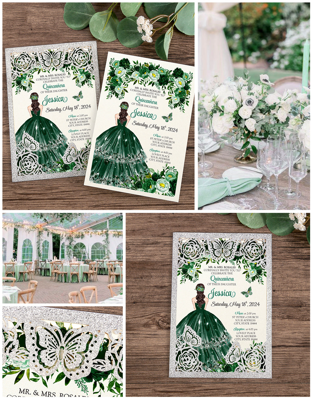 Silver with Hollow Butterflies Invitations Greeting Cards For Quinceanera
