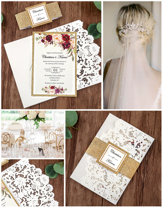 White Hollow Flora Laser Cut Invitations with Gold Glitter Border and Glitter Belly Band for wedding,bridal shower