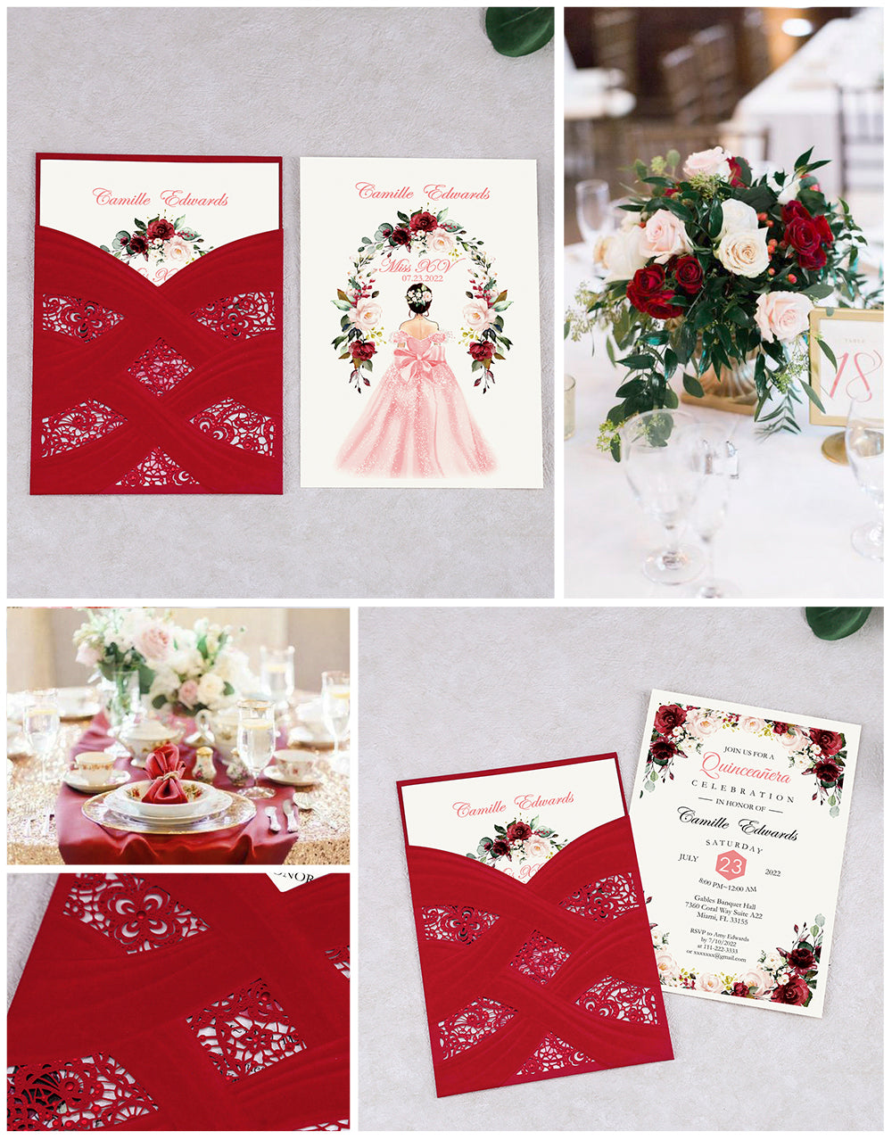 Red Vertical Laser Cut Invitation Cards for Quinceanera / Sweet 16