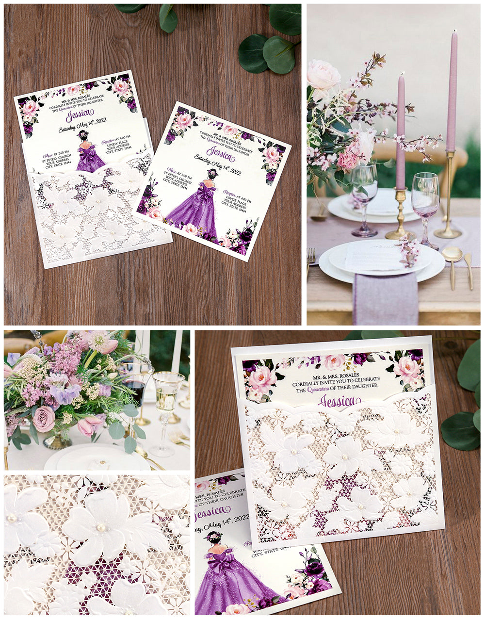 Ivory White Small Pearl Lace Invitations with Purple Design for Quinceanera