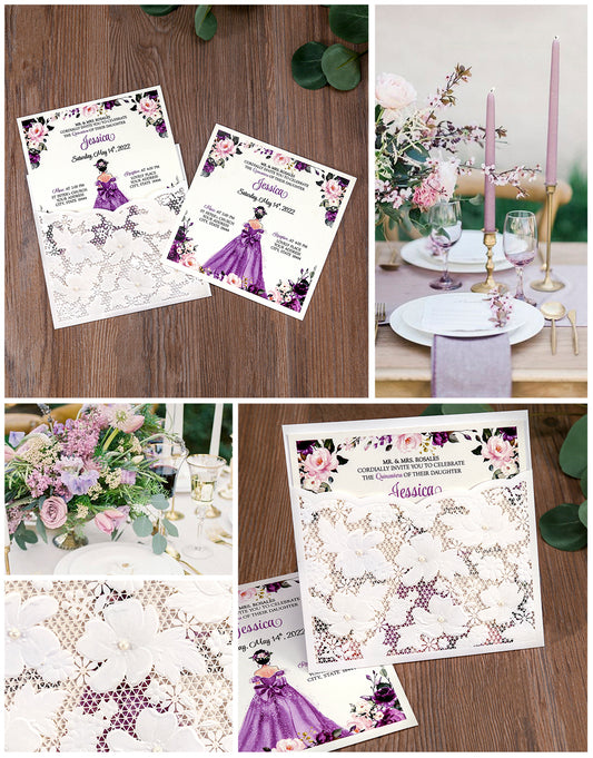 Ivory White Small Pearl Lace Invitations with Purple Design for Quinceanera