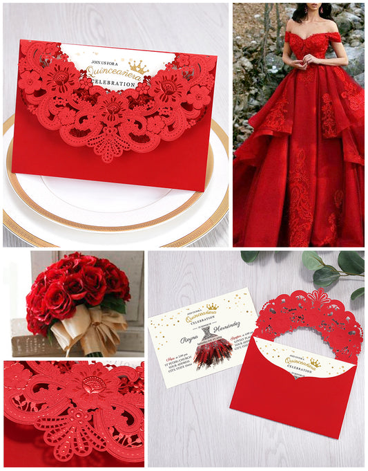 Red Hollow Flora Laser Cut Invitation Cards, Invitations