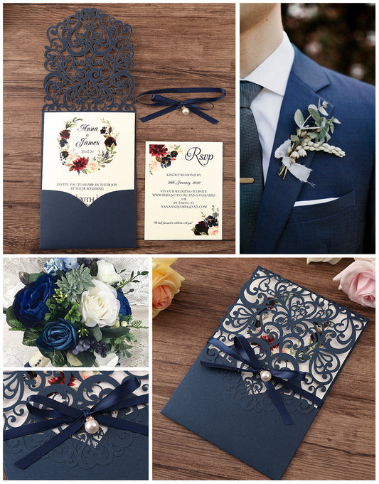 DreamBuilt Navy Blue Pearl Pendant Floral Laser cut invitation cards for Wedding Anniversary
