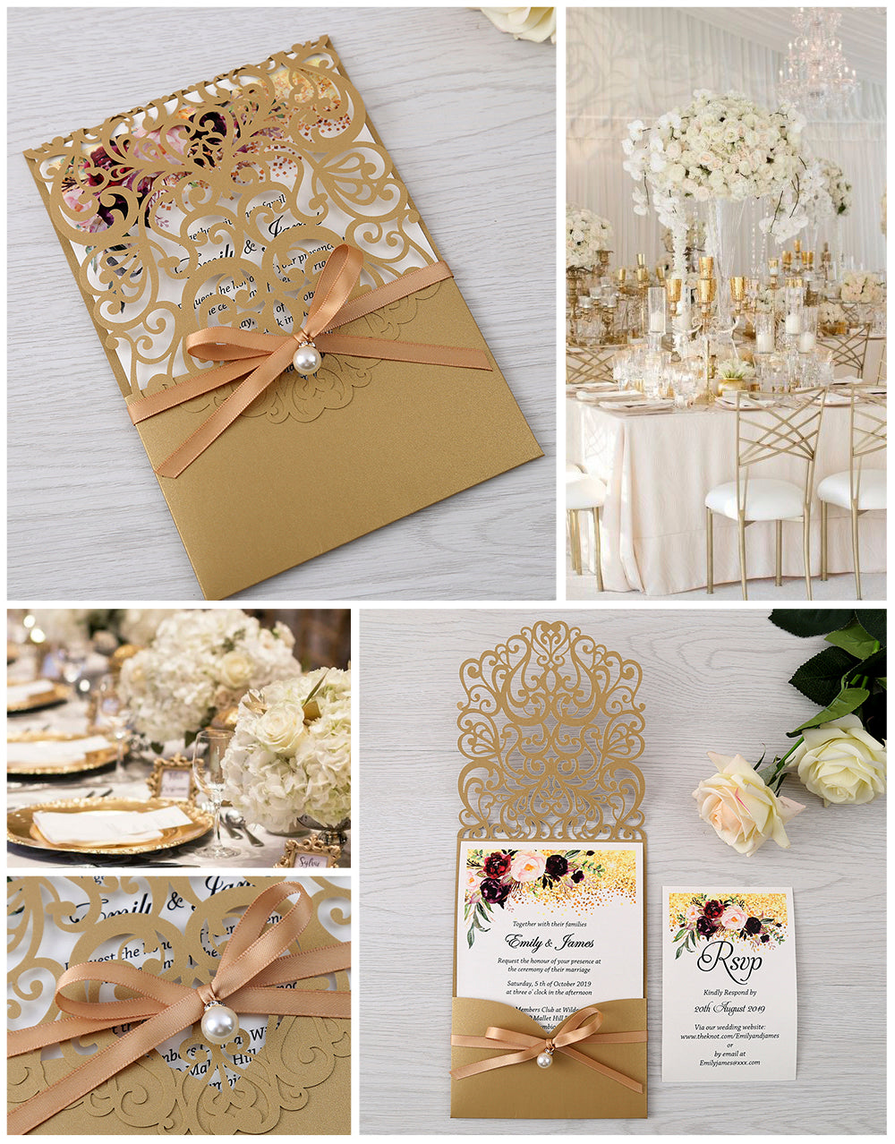 DreamBuilt Gold Floral Laser Cut Invitation Card With Belly Band And Pearl For Wedding Anniversary