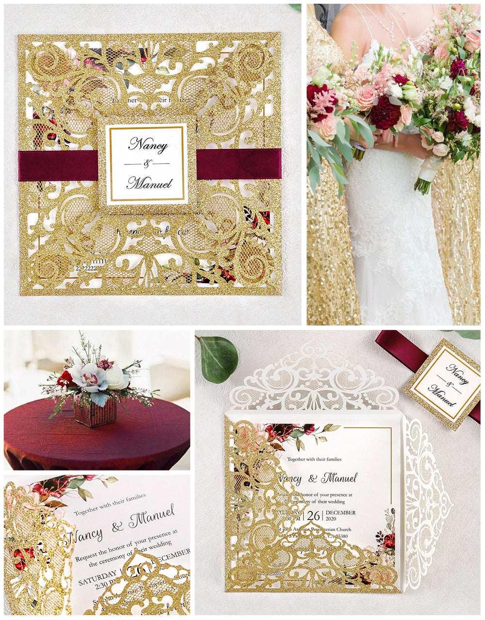 DreamBuilt Square Gold Glitter Wedding Invitations with Glitter Belly Band for Wedding