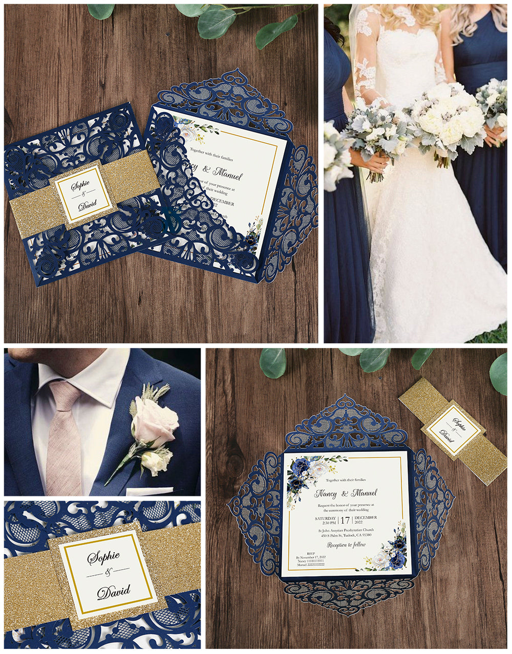 DreamBuilt Square Blue Wedding Invitations with Glitter Belly Band for Wedding