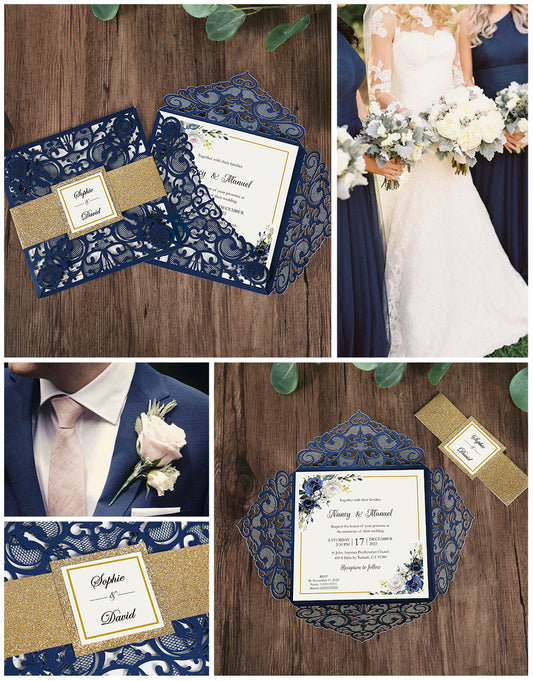 DreamBuilt Square Blue Wedding Invitations with Glitter Belly Band for Wedding